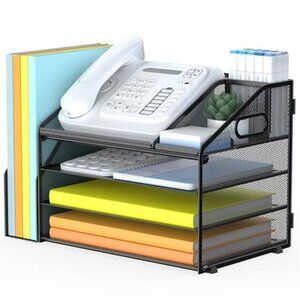 4 Tier Desk Organizer File Tray Mesh Paper Sorter Pen Holder Office Black